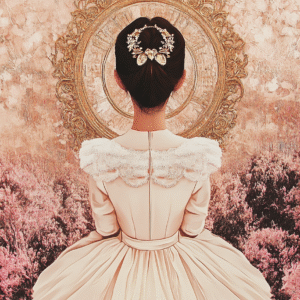 Avant le reflet Portrait numérique d’une femme de dos en robe claire devant un miroir doré, illustration poétique et féminine par Infinity Dark Studio.
