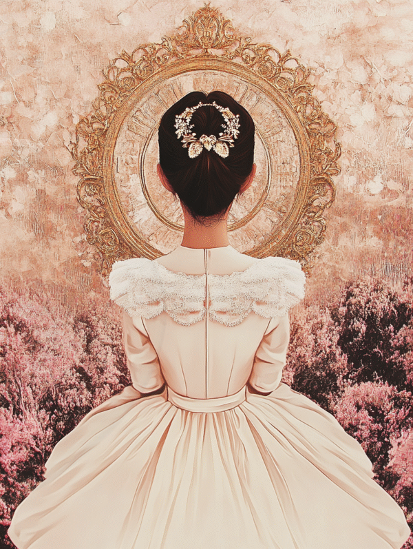 Portrait numérique d’une femme de dos en robe claire devant un miroir doré, illustration poétique et féminine par Infinity Dark Studio.