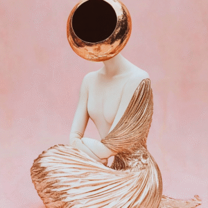 Sculpture numérique d’une femme sans visage vêtue d’or, symbole de mystère et de féminité intemporelle.
