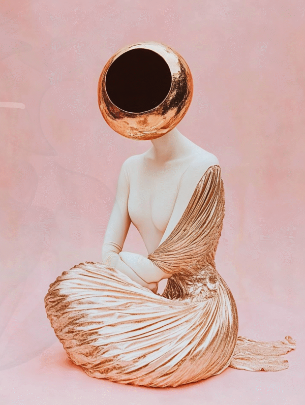 Sculpture numérique d’une femme sans visage vêtue d’or, symbole de mystère et de féminité intemporelle.