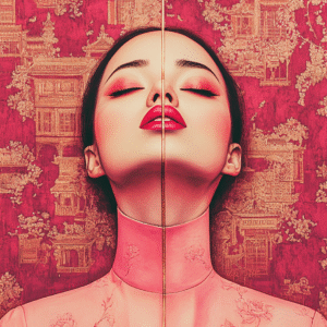 infinity dark studio - Divine Fracture Portrait féminin symétrique doré et rouge, symbolisant la fracture intérieure et la renaissance.