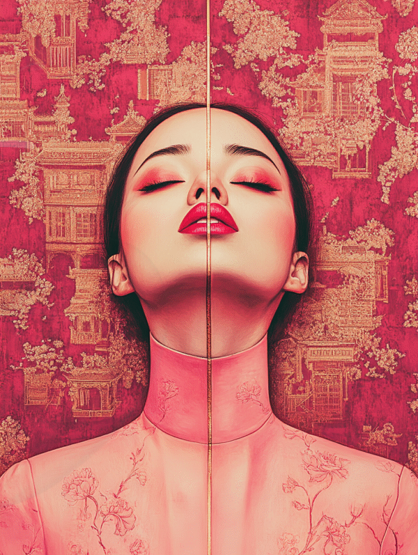 infinity dark studio - Divine Fracture Portrait féminin symétrique doré et rouge, symbolisant la fracture intérieure et la renaissance.