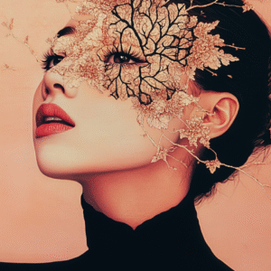 Portrait féminin orné de motifs floraux et de branches dorées évoquant la floraison intérieure et la transformation.