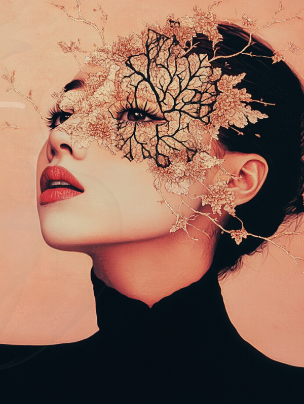 infinity dark studio - Floraison Intérieure Portrait féminin orné de motifs floraux et de branches dorées évoquant la floraison intérieure et la transformation.