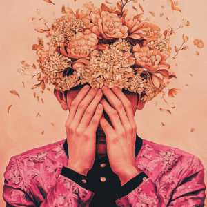 Portrait d’une personne cachant son visage derrière un bouquet de fleurs luxuriantes, symbole de beauté et de vulnérabilité.
