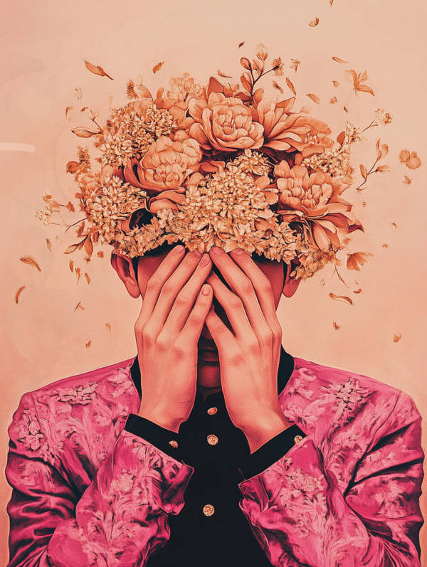 infinity dark studio - Le poids des pétales Portrait d’une personne cachant son visage derrière un bouquet de fleurs luxuriantes, symbole de beauté et de vulnérabilité.