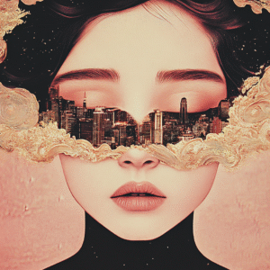 infinity dark studio - Mind Over Metropolis Portrait surréaliste d’une femme dont les yeux sont remplacés par une ville dorée émergeant de nuages.