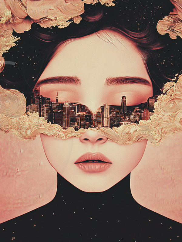 Portrait surréaliste d’une femme dont les yeux sont remplacés par une ville dorée émergeant de nuages.