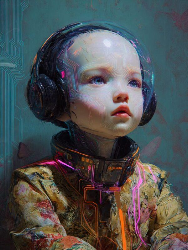 infinity dark studio visuel Portrait futuriste d’un enfant cyborg avec casque lumineux et circuits électroniques – création cybernarrative Infinity Dark Studio.