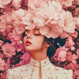 Portrait artistique d’une femme entourée de fleurs de cerisier, vêtue d’une tenue brodée – création poétique Infinity Dark Studio.