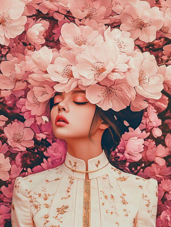 Portrait artistique d’une femme entourée de fleurs de cerisier, vêtue d’une tenue brodée – création poétique Infinity Dark Studio.