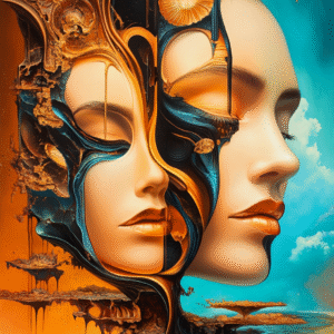 Visuel d’art numérique représentant deux visages féminins fusionnant dans une matière liquide ambrée et turquoise, symbolisant la dualité et la métamorphose intérieure — œuvre Eclipse Identity par Infinity Dark Studio.