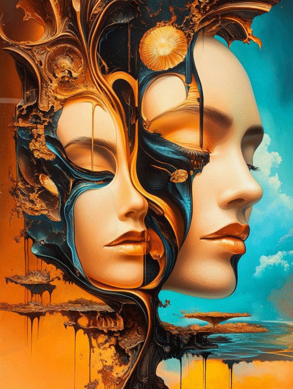 Visuel d’art numérique représentant deux visages féminins fusionnant dans une matière liquide ambrée et turquoise, symbolisant la dualité et la métamorphose intérieure — œuvre Eclipse Identity par Infinity Dark Studio.