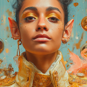 Fall of Gold Portrait digital d’une elfe dorée avec texture peinture à l’huile et éclats d’or en suspension.