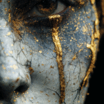 Portrait sombre d’un visage fissuré avec une cicatrice d’or