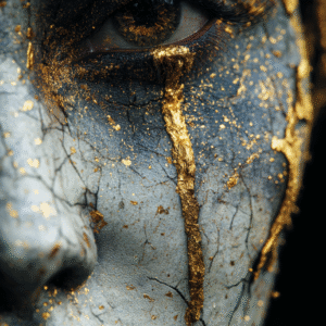 Portrait sombre d’un visage fissuré avec une cicatrice d’or
