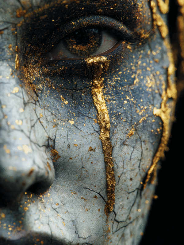 Golden Scar Portrait sombre d’un visage fissuré avec une cicatrice d’or