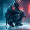 Futuristic cyberpunk character crouching in a neon-lit dystopian environment, wearing tactical clothing with blue and red lighting, digital art by Infinity Dark Studio.