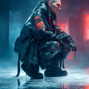 Moine cyberpunk accroupi sur sol glacé, ambiance néon bleu et rouge, visuel de style urban futur.