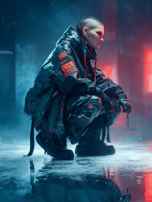 Moine cyberpunk accroupi sur sol glacé, ambiance néon bleu et rouge, visuel de style urban futur.
