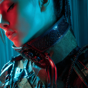 Femme cyberpunk en gros plan, armure néon, visuel futuriste stylisé.