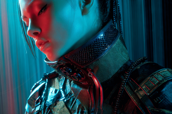 Femme cyberpunk en gros plan, armure néon, visuel futuriste stylisé.
