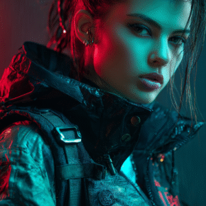 Femme cyberpunk sous la pluie en manteau tech, regard déterminé, style urbain futuriste.