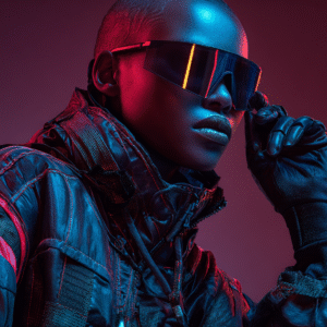 Infinity Dark Studio Neon Command Femme noire futuriste en lunettes miroir et veste tech, portrait néon rouge et bleu.