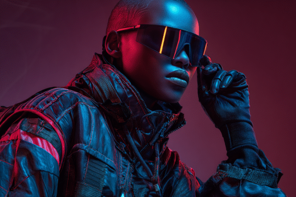 Infinity Dark Studio Neon Command Femme noire futuriste en lunettes miroir et veste tech, portrait néon rouge et bleu.