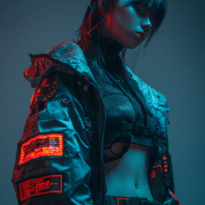 Femme cyberpunk en tenue augmentée, lumière rouge et bleue, portrait futuriste.