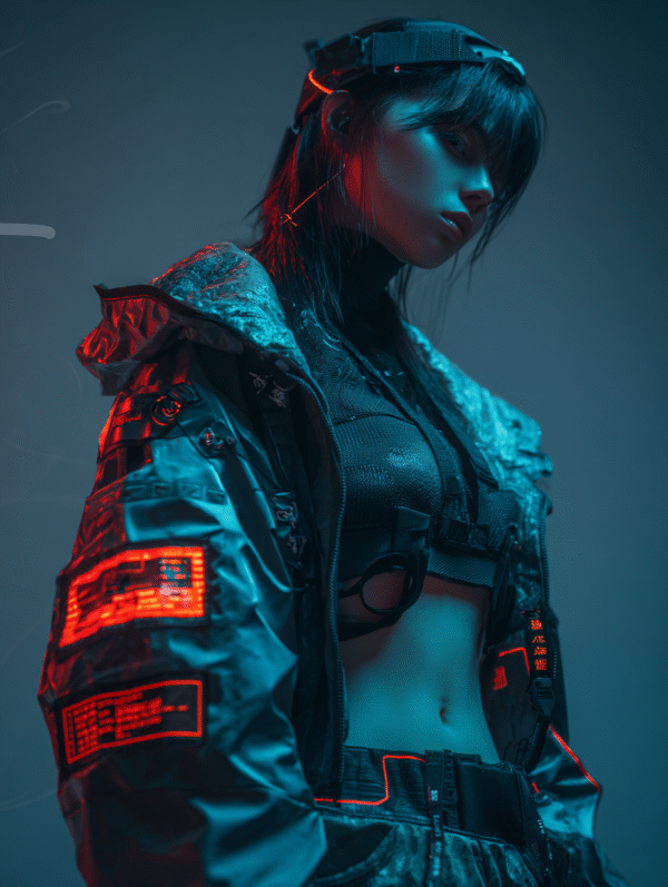Femme cyberpunk en tenue augmentée, lumière rouge et bleue, portrait futuriste.