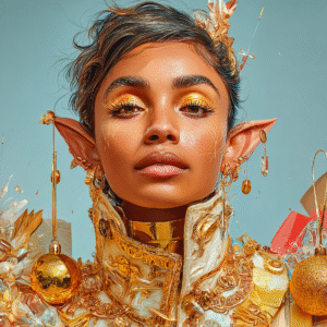 The Hanging Light Portrait digital d’une oracle elfique dorée, ornée de bijoux et décorations baroques sur fond bleu.