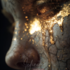Close-up portrait of a cracked face with gold liquid tears flowing from a closed eye, creating a symbolic and emotional visual.