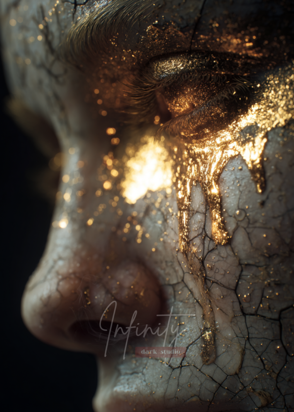 Close-up portrait of a cracked face with gold liquid tears flowing from a closed eye, creating a symbolic and emotional visual.