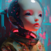Futuristic cyberpunk artwork depicting a child-like android wearing a transparent helmet, illuminated by neon light, symbolizing future identity and artificial innocence.