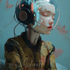 Futuristic android woman resting with closed eyes, wearing a transparent helmet and glowing neural circuits, surrounded by soft floral patterns and muted light.