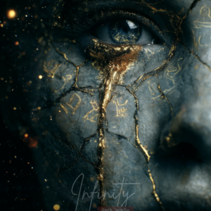 Close-up portrait of a cracked stone-like face with gold-filled fractures and engraved symbols surrounding a luminous eye.
