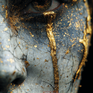 Close-up digital portrait of a cracked stone face marked by a golden scar flowing from the eye, symbolizing resilience and transformation.