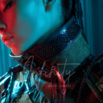 Futuristic digital portrait of a cybernetic woman with chrome armor, blue and red neon lighting, and an intense gaze — digital art by Infinity Dark Studio.