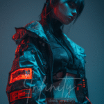Digital portrait of a cyberpunk woman in tactical gear and red-blue lighting. Editorial futuristic art by Infinity Dark Studio.