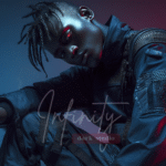 Futuristic digital portrait of a Black male figure in crouching pose, cyberpunk gear, and neon lighting. Visual art by Infinity Dark Studio.