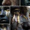 Collage of dark ethereal portraits featuring fractured faces repaired with flowing gold, symbolizing resilience, emotional depth, and transformation – Golden Fracture digital art pack by Infinity Dark Studio