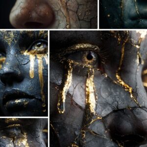 Collage of dark ethereal portraits featuring fractured faces repaired with flowing gold, symbolizing resilience, emotional depth, and transformation – Golden Fracture digital art pack by Infinity Dark Studio