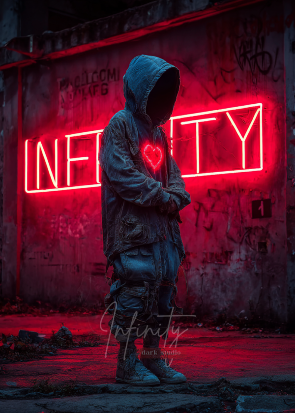 A solitary astronaut-like figure standing in front of a glowing red heart enclosed within a neon frame, set inside a dark, decaying industrial space.