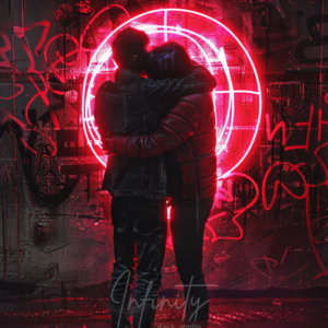Two figures embracing in front of a glowing red circular light, forming a protective space within a dark, graffiti-covered urban environment.