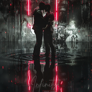 Two figures standing closely together in front of a glowing red rectangular light, reflected on wet ground within a dark, textured urban environment.