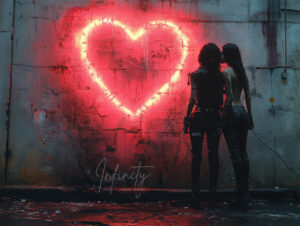 Two figures standing close together in front of a glowing red neon heart painted on a concrete wall, symbolizing unbreakable love in a raw urban environment.