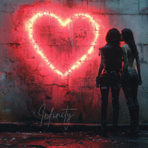 Two figures standing close together in front of a glowing red neon heart painted on a concrete wall, symbolizing unbreakable love in a raw urban environment.