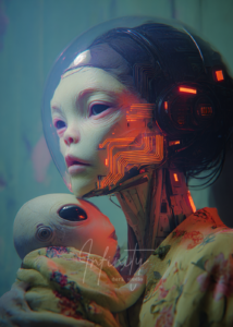 Alien cyborg mother holding her child, futuristic sci-fi digital artwork exploring motherhood, protection, and post-human intimacy