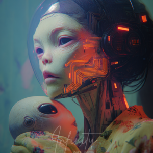 Alien cyborg mother holding her child, futuristic sci-fi digital artwork exploring motherhood, protection, and post-human intimacy